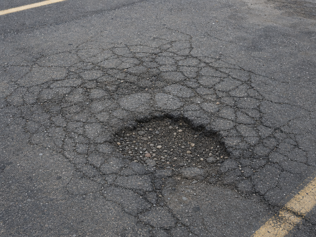 Deteriorated cracked asphalt with potholes before repair