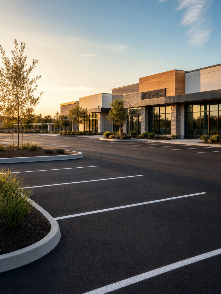 Finished shopping center parking lot with new asphalt and striping
